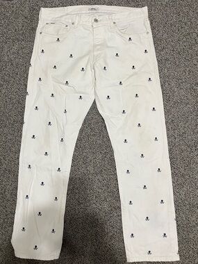 Polo Ralph Lauren White Jeans with Navy Skull & Bones Embroidery